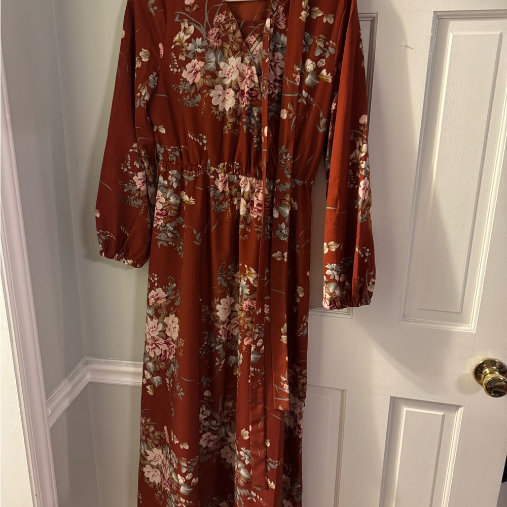 Floral Long Sleeve Dress in Rust